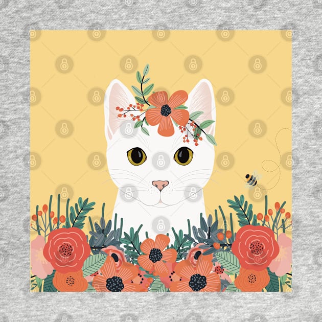 The cute white cat queen is watching you from the flowerbed by marina63